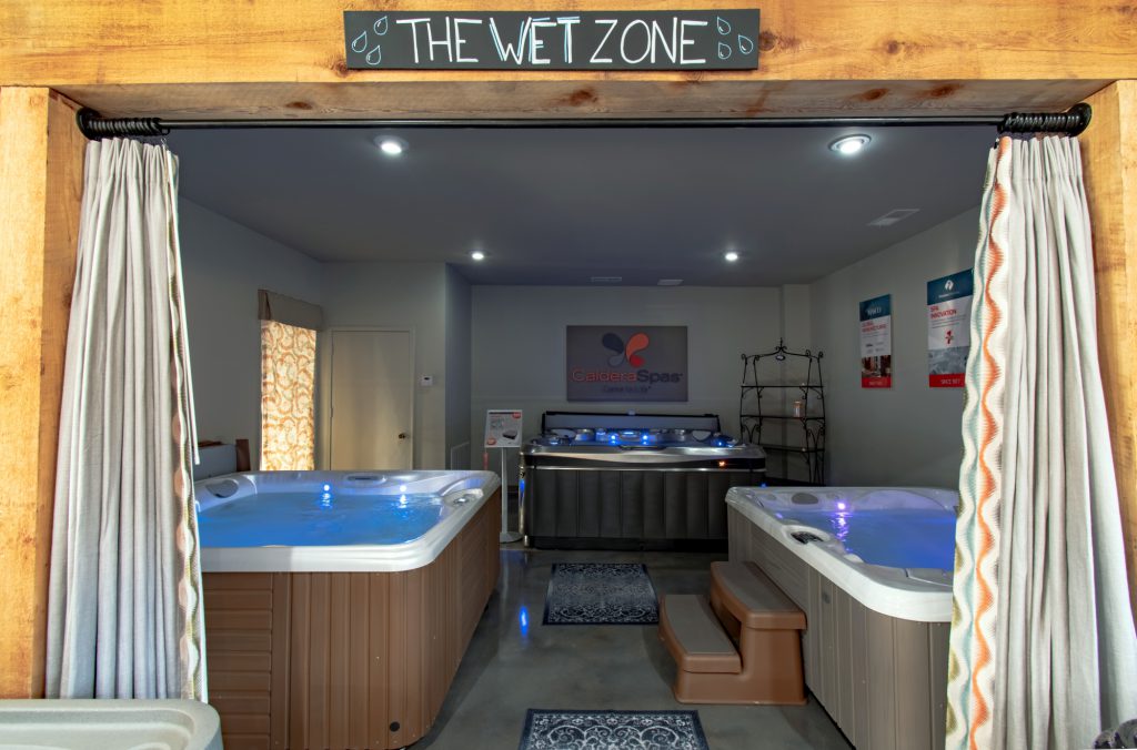 Hot tubs on display in store